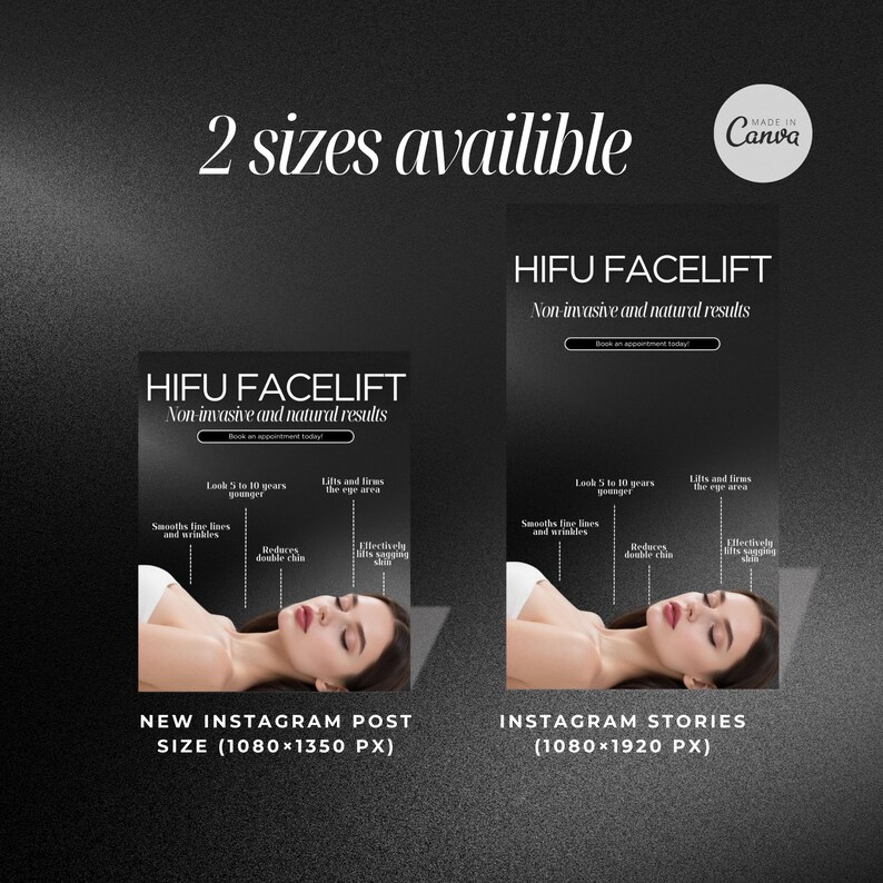 May include: A promotional graphic for HIFU Facelift, featuring two sizes for Instagram posts and stories. The design is black and white, with text highlighting non-invasive and natural results. The graphic promises to smooth fine lines, reduce double chin, and lift sagging skin.