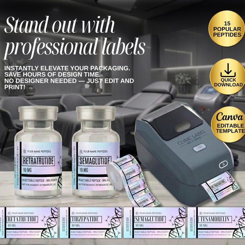 Peptide Label Template, retatrutide Printable Label for Peptide Therapy Canva, peptide vial label , peptide marketing, nimbot template canva