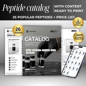 Puede incluir: Una plantilla de catálogo de péptidos digital con 26 páginas, 25 péptidos populares y una lista de precios. El diseño incluye una portada de catálogo de investigación, una página de mezclas de péptidos glow y un smartphone con lista de precios.