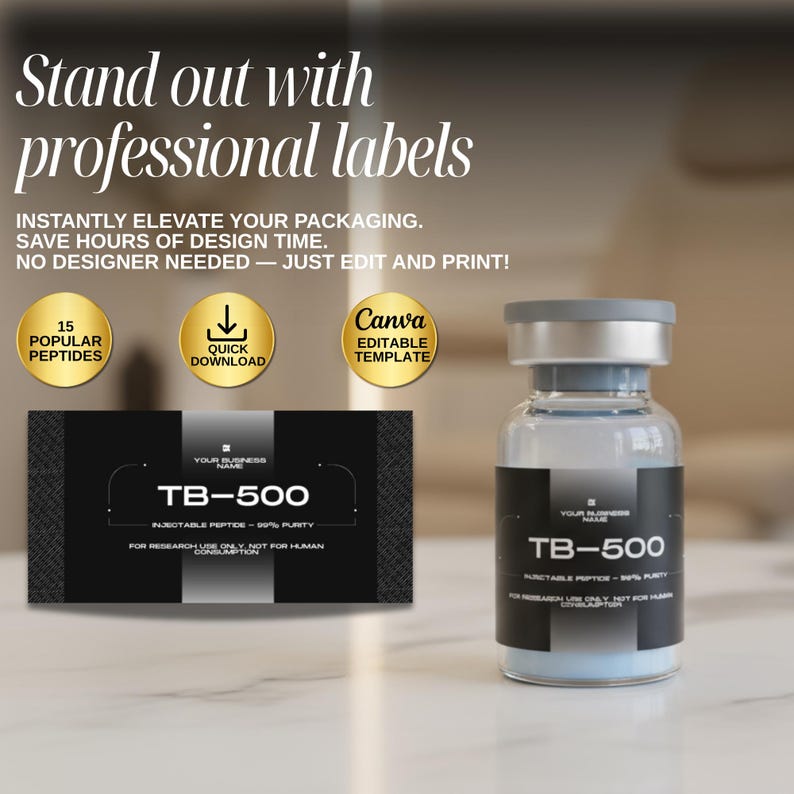 May include: A clear glass vial with a gray cap and a black label that reads "TB-500". The image also includes a black business card with the same label design and text. The text "Stand out with professional labels" is at the top.