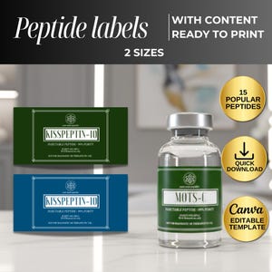 May include: Image of peptide labels with the text "Peptide labels" and "2 sizes". The image includes two labels, one green and one blue, with the text "KISSPEPTIN-10". A bottle with a green label that says "MOTS-C" is also shown.