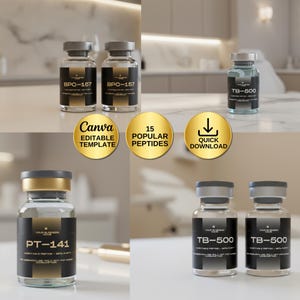 May include: Multiple vials with black and gold labels, containing injectable peptides. The labels display text such as "BPC-157", "TB-500", and "PT-141". Gold circular graphics read "15 Popular Peptides", "Quick Download", and "Canva Editable Template".