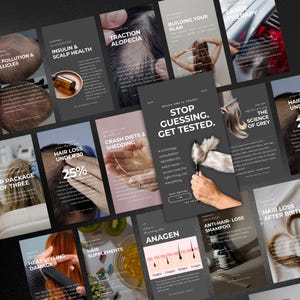 Op de afbeelding: Een verzameling educatieve social media graphics met tekst en afbeeldingen over haarverzorging, waaronder onderwerpen als tractie-alopecia, haarverlies onder de 30, lasertherapie en de wetenschap van grijs haar, gepresenteerd in een raster.