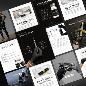 May include: A collection of informational marketing cards featuring medical weight loss themes, including images of vials labelled Liraglutide, syringes, measuring tapes, and text overlays discussing GLP-1, side effects, and treatment steps.