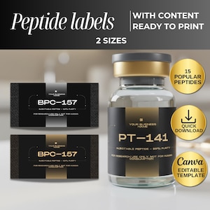 May include: Image of peptide labels with the text "Peptide labels" and "2 SIZES". The image also includes a bottle with the text "PT-141" and "15 POPULAR PEPTIDES". There are also two labels with the text "BPC-157".