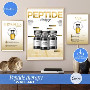 Op de afbeelding: Goudkleurige wandkunstset met de woorden "Peptide therapy" in gouden letters. De set bevat drie ingelijste prints met afbeeldingen van flesjes en tekst. De onderkant van de afbeelding heeft de tekst "Peptide therapy WALL ART".