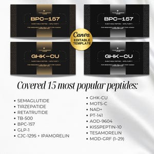 May include: A black and gold business card template with the text "BPC-157" and "GHK-CU". The image also includes a list of 15 popular peptides, including Semaglutide and Tirzepatide. A Canva editable template logo is also present.