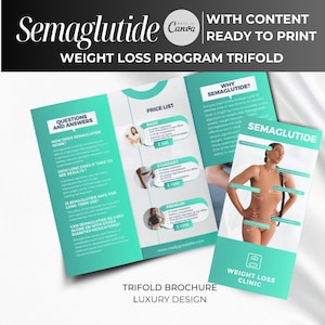 Pode incluir: Um folheto tríptico turquesa e branco para um programa de perda de peso. O folheto inclui o texto "Semaglutide" e "Weight Loss Clinic". Também apresenta uma lista de preços e perguntas frequentes.