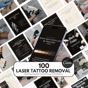 Mallar för laserborttagning på Instagram, mallar för PMU-borttagning på Canva, mallar för tatueringsborttagning på sociala medier
