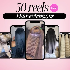 May include: Image promoting hair extensions, featuring the text "50 reels Hair extensions." The image shows multiple smartphones displaying different hair extension styles, including various colors and application methods. The background is a gradient pink.