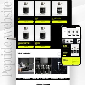 May include: A website layout displayed on a computer screen and a smartphone, featuring product listings for vials labeled NAD+, TB-500, CJC-1295, GHK-Cu, and Tirzepatide. The design uses a black, white, and neon yellow color scheme with buttons.