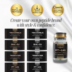 May include: An image showcasing a collection of peptide product labels and a vial. The labels are black and gold, featuring product names like Tesamorelin, GHK-CU, Tirzepatide, and PT-141. Gold circular icons with text are also present.