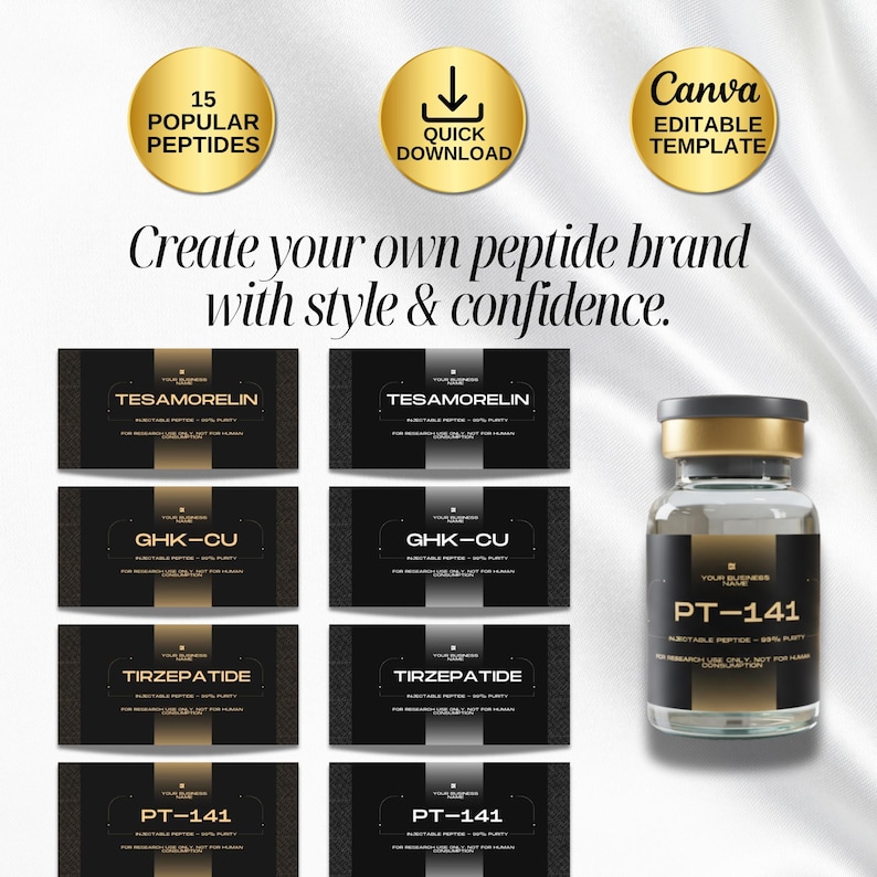 May include: An image showcasing a collection of peptide product labels and a vial. The labels are black and gold, featuring product names like Tesamorelin, GHK-CU, Tirzepatide, and PT-141. Gold circular icons with text are also present.