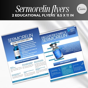May include: Two educational flyers, 8.5 x 11 inches, with the title "Sermorelin flyers." The flyers have a blue and white color scheme and contain information about Sermorelin therapy, including signs you might need it and popular questions and answers.