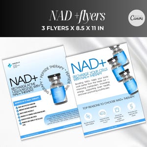 May include: Three flyers, each 21.6 x 27.9 cm, promoting NAD+ therapy. The flyers feature blue and white designs with text about cellular recharge, benefits, and reasons to choose the therapy. Includes images of vials.