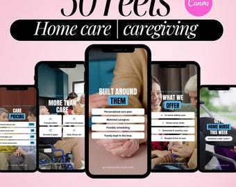 Può includere: Una visualizzazione digitale di 50 reel per servizi di assistenza domiciliare, con cinque schermi di smartphone che mostrano vari menu di servizi, prezzi e opzioni di cura con testi come Built Around Them e What We Offer.
