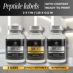 May include: Three glass vials with silver caps and black labels, each displaying "BPC-157" in white. The labels also include the text "Injectable Peptide" and "Purity 99% HPLC". The text "Peptide labels" is at the top. The vials are 5.08 x 2.54 cm.