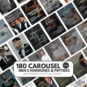 May include: A collection of Instagram posts and stories on men's hormones and peptides. The posts feature images of men, infographics, and text. The central graphic reads "180 Carousel Men's Hormones & Peptides Instagram Posts & Stories."