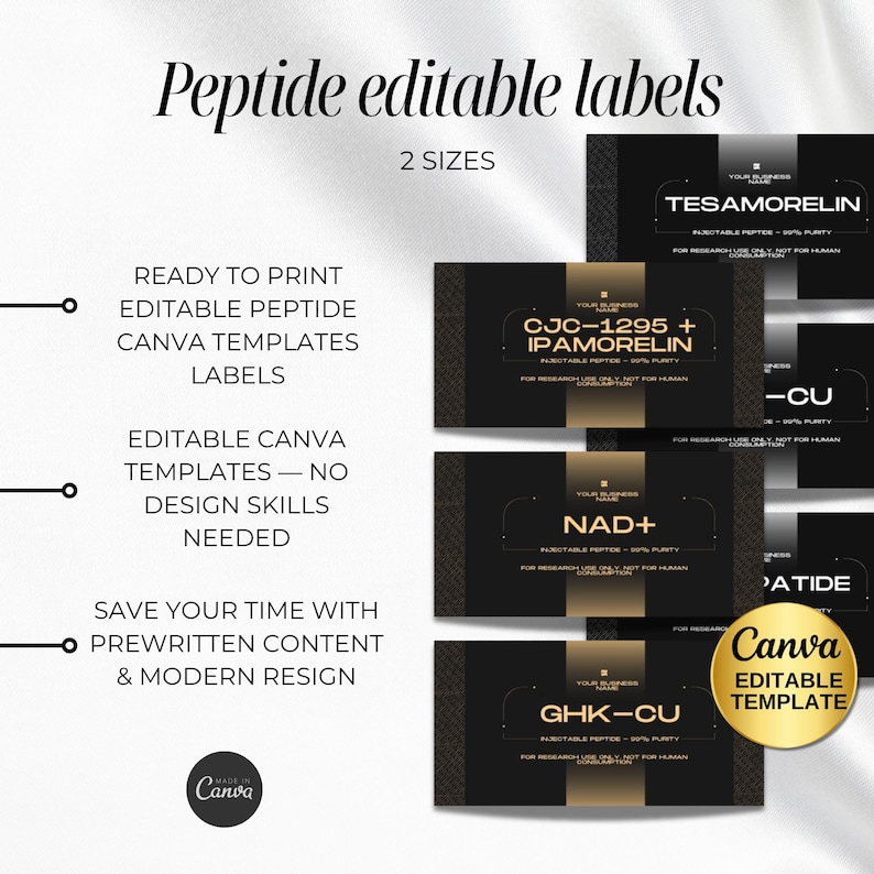 May include: Black and gold editable peptide labels with the text "Peptide editable labels" and "2 SIZES". The labels include the names Tesamorelin, CJC-1295 + Ipamorelin, NAD+, GHK-CU, and Patide. The Canva logo is also visible.