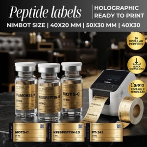 May include: Three clear glass vials with metallic gold labels labeled IPAMORELIN, KISSPEPTIN-10, and MOTS-C, alongside a label printer, a roll of gold adhesive labels, and three rectangular label samples with text including MOTS-C, KISSPEPTIN-10, and PT-141.