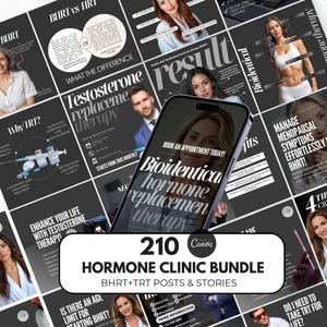 May include: A promotional image for a hormone clinic bundle. The image features a smartphone displaying "Bioidentical hormone replacement therapy" and various informational graphics. The bundle includes 210 posts and stories related to BHRT and TRT.