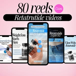 May include: An advertisement for Retatrutide weight loss videos. The image shows five smartphones displaying promotional content. The text includes "80 reels", "Retatrutide videos", and information about weight loss results and appetite control.