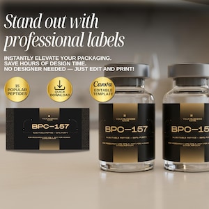 May include: Image of professional labels for packaging. The labels are black and gold with the text "BPC-157". The image also includes two vials with the same label design and text that reads "For research use only, not for human consumption."