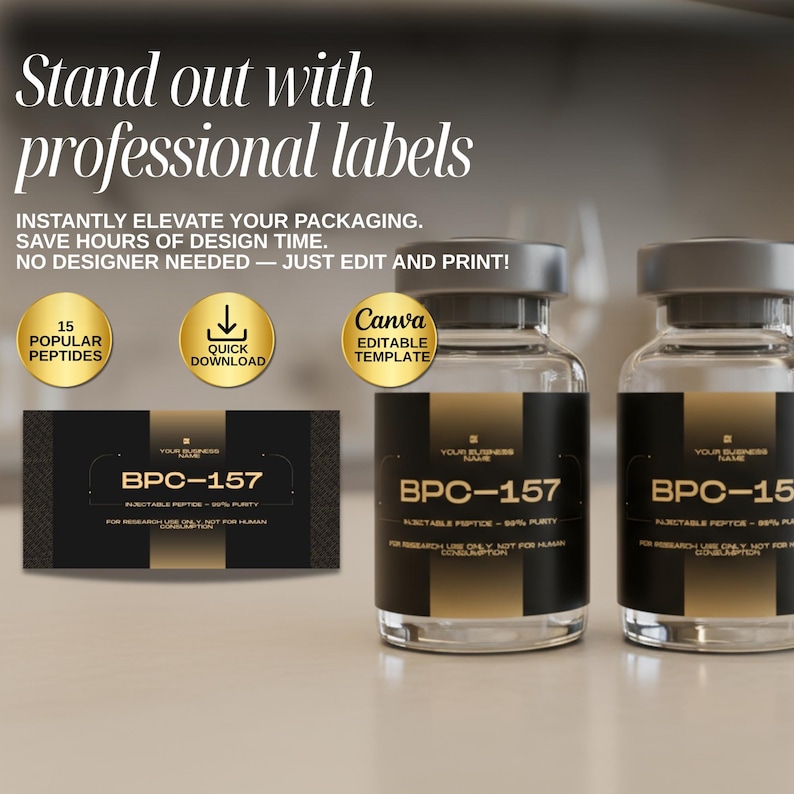 May include: Image of professional labels for packaging. The labels are black and gold with the text "BPC-157". The image also includes two vials with the same label design and text that reads "For research use only, not for human consumption."