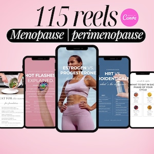Pode incluir: Cinco smartphones exibindo conteúdo educacional sobre menopausa e perimenopausa. As telas apresentam informações sobre ondas de calor, estrogênio vs. progesterona, TRH e dieta. O título diz "115 reels" e "Menopausa | perimenopausa".