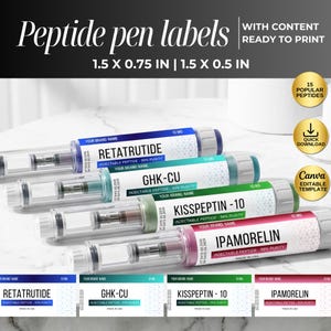 May include: Image of peptide pen labels with the text "Peptide pen labels" and "With content ready to print". The labels are 3.8 x 1.9 cm and 3.8 x 1.3 cm. The pens are labeled with the names of different peptides.