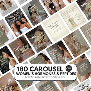 Puede incluir: Una colección de publicaciones e historias de Instagram sobre hormonas y péptidos femeninos. La imagen presenta varios gráficos informativos con títulos como "Cuándo hacerse una prueba hormonal" y "Mitos y hechos". El gráfico central dice "180 Carrusel Hormonas y Péptidos Femeninos Publicaciones e Historias de Instagram."