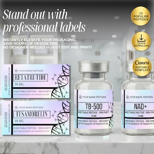 Peptide Label Template, retatrutide Printable Label for Peptide Therapy Canva, peptide vial label , peptide marketing, nimbot template canva