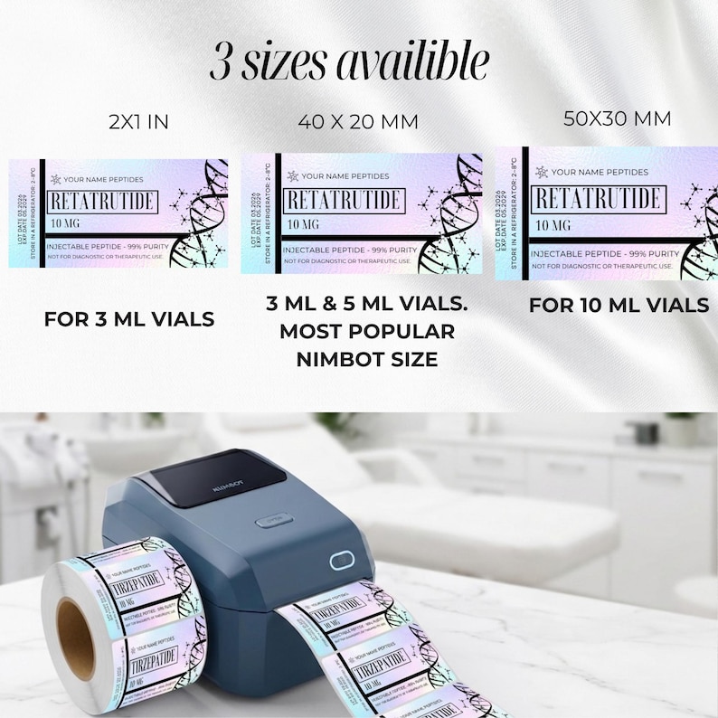 Peptide Label Template, retatrutide Printable Label for Peptide Therapy Canva, peptide vial label , peptide marketing, nimbot template canva