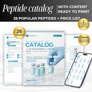 May include: A 26-page digital peptide catalog template featuring a cover with a blue-gloved hand holding a vial, surrounded by four glass vials on a marble surface. The document includes a price list, research peptide details, and Canva branding.