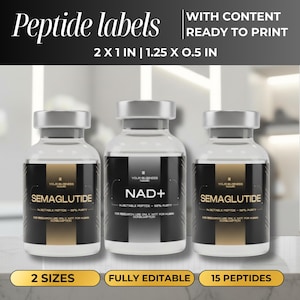 May include: Three clear glass bottles with silver caps and black labels. The labels read "SEMAGLUTIDE" and "NAD+". The text "Peptide labels" and "WITH CONTENT READY TO PRINT" are at the top. The bottles are 5.08 x 2.54 cm.