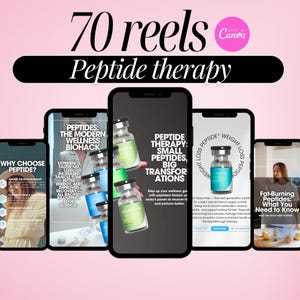 Puede incluir: Imagen promocional con el texto "70 reels Peptide therapy". La imagen presenta varios teléfonos inteligentes que muestran información sobre péptidos, incluyendo "Peptide Therapy" y "Fat-Burning Peptides". El fondo es un degradado rosa.