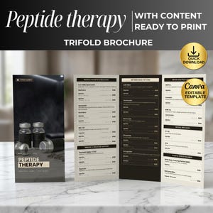 May include: A trifold brochure template for peptide therapy featuring a black and white design. The front panel displays small glass vials and the text Peptide Therapy. The interior panels list various treatments under categories like Muscle Growth.