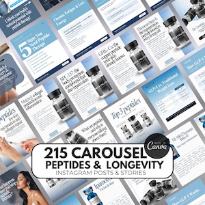 Può includere: Una raccolta di post e storie di Instagram intitolata "215 Carousel Peptides & Longevity". I post trattano la terapia peptidica, con argomenti come il ringiovanimento della pelle, la riparazione del collagene e la perdita di peso. Lo schema dei colori è principalmente blu e bianco.