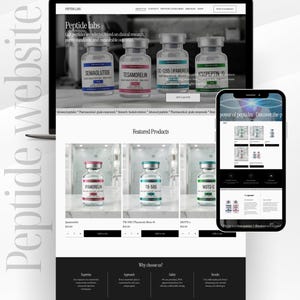 Puede incluir: Diseño de sitio web para un laboratorio de péptidos, mostrado en un portátil y un smartphone. La pantalla del portátil muestra una página web con imágenes de productos de péptidos. El smartphone muestra la versión móvil del sitio web.