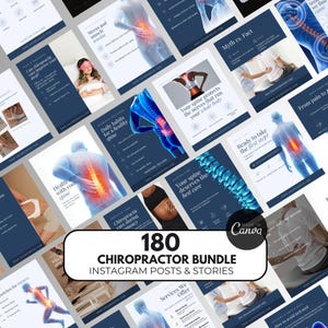 Peut inclure: Une collection de 180 modèles de réseaux sociaux pour chiropraticiens présentant des illustrations anatomiques de la colonne vertébrale humaine, des textes sur la santé vertébrale, des conseils bien-être et des images de soins.