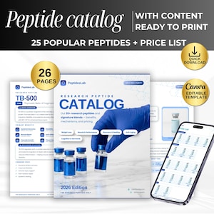 Könnte beinhalten: Ein 26-seitiger Peptid-Katalog als Vorlage in Blau und Weiß. Das Deckblatt zeigt den Text Research Peptide Catalog, 2026 Edition und PeptidesLab. Es enthält eine Preisliste, ein Symbol für schnellen Download und eine bearbeitbare Canva-Vorlage.