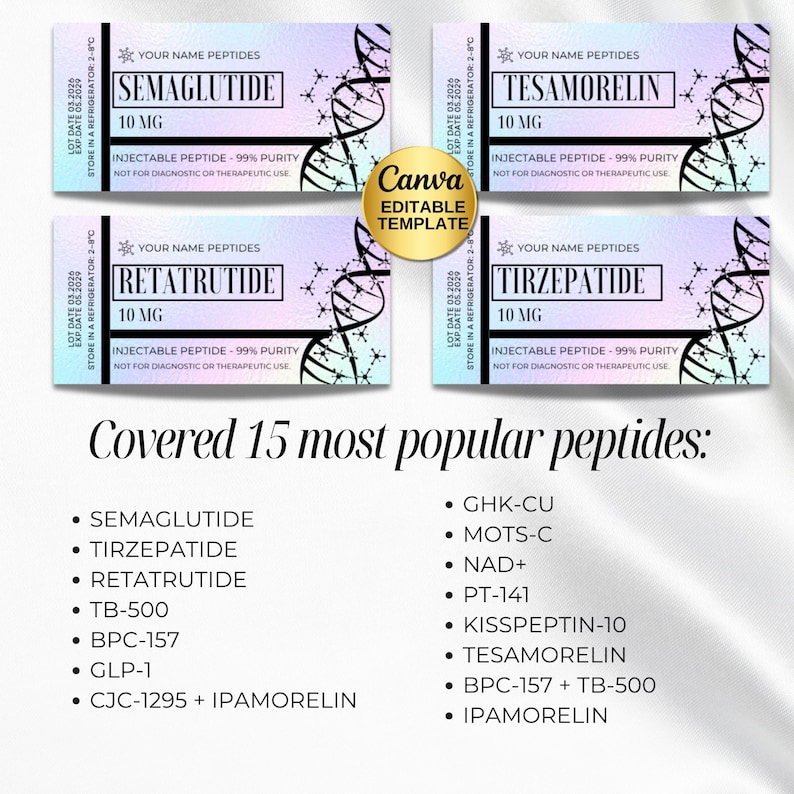 Peptide Label Template, retatrutide Printable Label for Peptide Therapy Canva, peptide vial label , peptide marketing, nimbot template canva