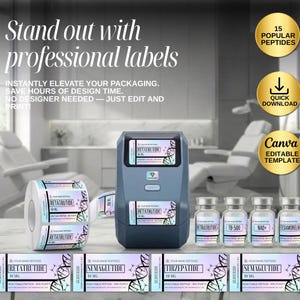 Peptide Label Template, retatrutide Printable Label for Peptide Therapy Canva, peptide vial label , peptide marketing, nimbot template canva