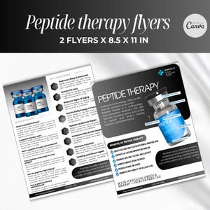 Könnte beinhalten: Zwei Flyer für Peptidtherapie, mit einem dunkelgrauen und weißen Design. Die Flyer sind 21,6 x 27,9 cm groß. Ein Flyer zeigt drei blaue Fläschchen, während der andere die Vorteile der Peptidtherapie hervorhebt, einschließlich verbesserter Haut.