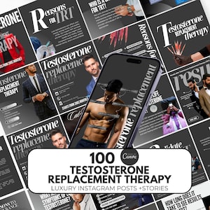 Puede incluir: Una imagen promocional para la terapia de reemplazo de testosterona, con un teléfono inteligente que muestra a un hombre musculoso y texto. La imagen incluye el texto "100 Canva Testosterone Replacement Therapy Luxury Instagram Posts + Stories."