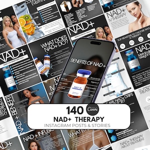 Puede incluir: Imagen promocional para la terapia NAD+, con un smartphone que muestra un vial de NAD+ IV. La imagen incluye el texto: "140 NAD+ Therapy Instagram Posts & Stories." El fondo muestra varios gráficos informativos sobre los beneficios de NAD+.