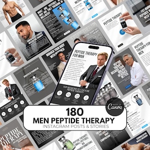 Puede incluir: Una colección de 180 publicaciones e historias de Instagram sobre terapia de péptidos para hombres. Las imágenes presentan hombres, viales de líquido y texto sobre los beneficios de la terapia de péptidos. La combinación de colores es principalmente negro, blanco y azul.