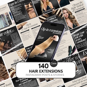 Op de afbeelding: Een promotieafbeelding voor hairextensions, met een smartphone waarop een blonde hairextension te zien is. Rondom de telefoon staan verschillende informatieve afbeeldingen over hairextensions, met de tekst "140 Instagram Posts & Stories voor hairextensions."