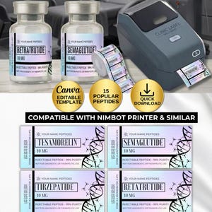 Peptide Label Template, retatrutide Printable Label for Peptide Therapy Canva, peptide vial label , peptide marketing, nimbot template canva