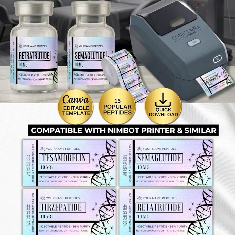 Peptide Label Template, retatrutide Printable Label for Peptide Therapy Canva, peptide vial label , peptide marketing, nimbot template canva
